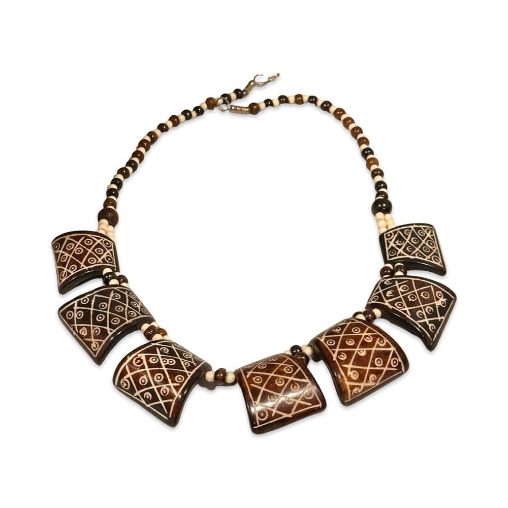 Hand Carved vintage Bone necklace with unique geometric pattern-two tone beading